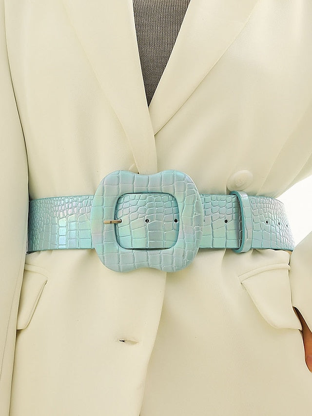 Belt PU Light Blue Waist Belt Daily Date Plaid Pure Color for Women