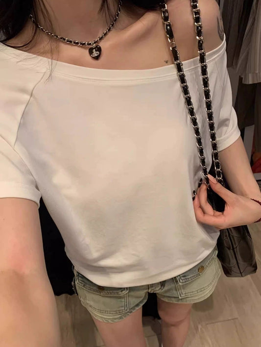 Solid Color Vintage Oversized One Shoulder Short Sleeve T Shirt