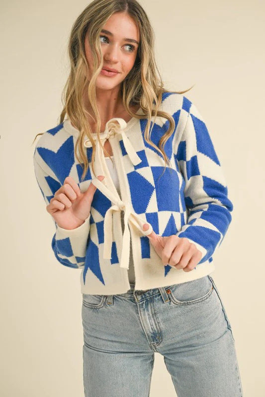 Suéter casual de manga larga con cordones y diseño geométrico para mujer