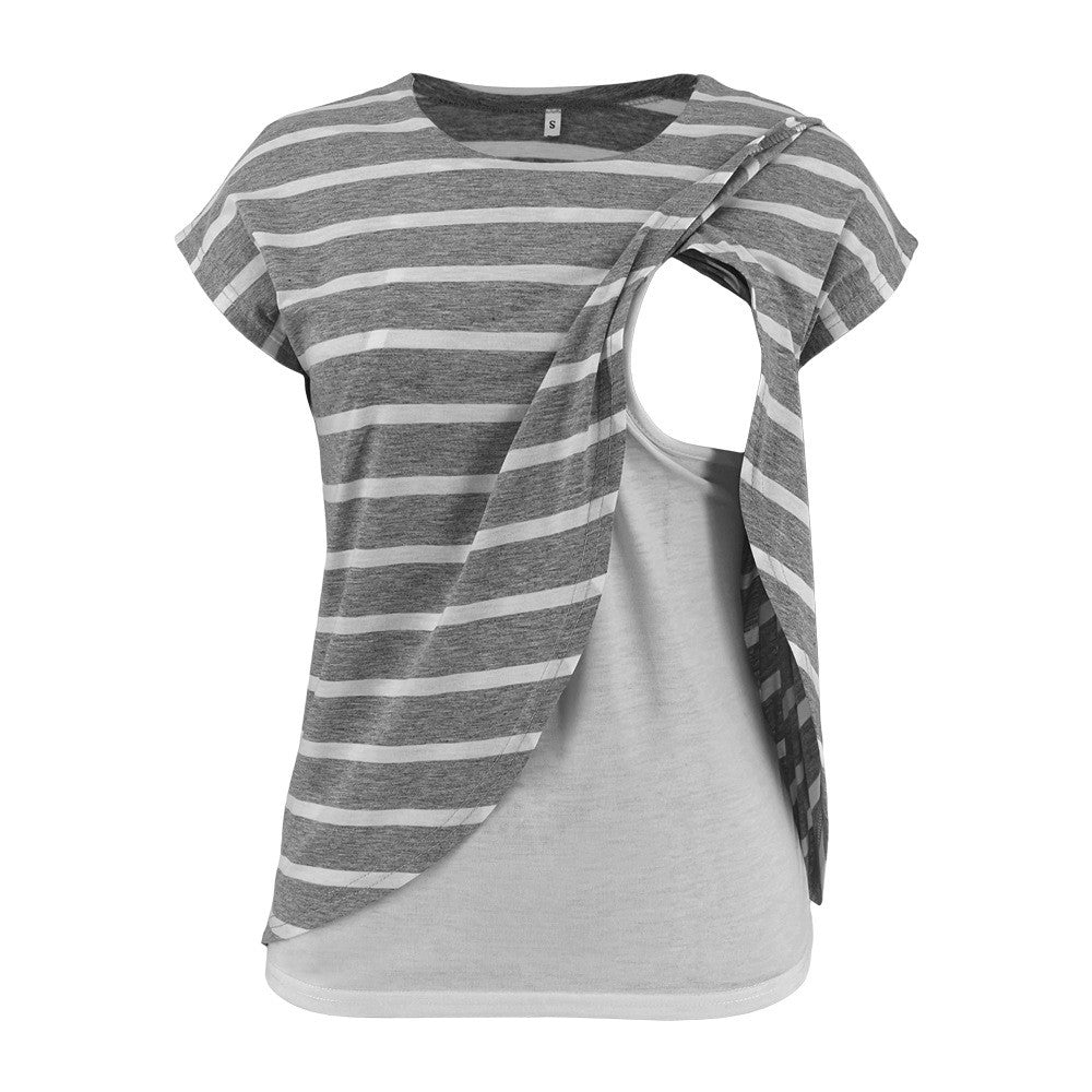 Camiseta de lactancia materna de manga corta con estampado de rayas informal para embarazadas