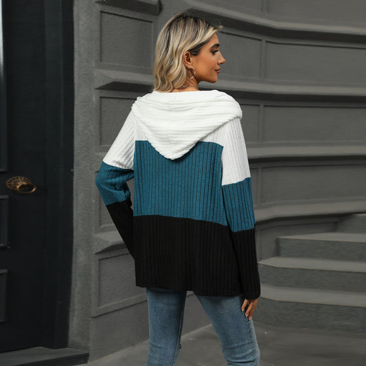 Sudadera con capucha de manga larga con cremallera y costuras de colores contrastantes, informal, holgada, a la moda para mujer