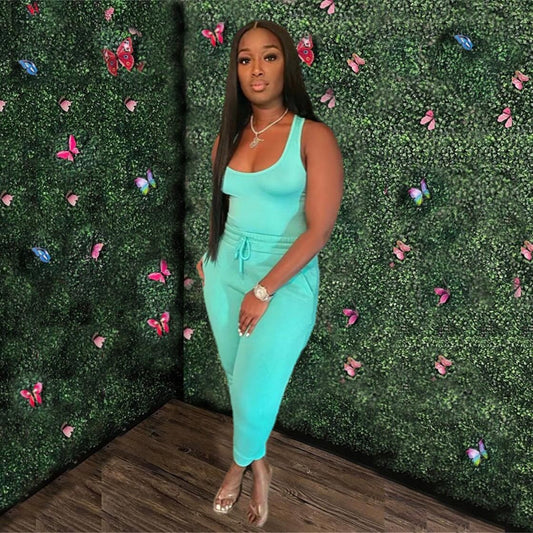 Women Fashion Casual Solid Color Tight Tank Top High Waist Drawstring Pants Two-Piece Set