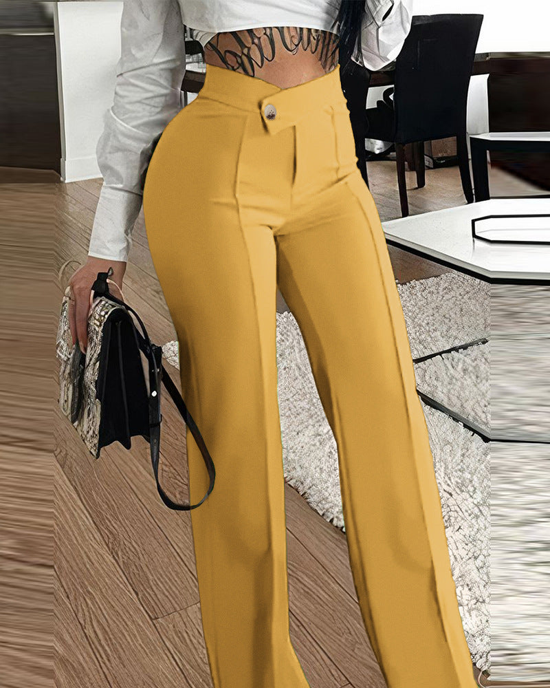 Women Fashion Casual Solid Color High Waist Pants
