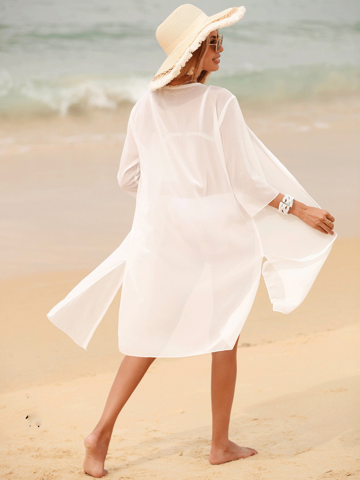 Traje de baño de playa de manga larga de gasa de color liso informal a la moda para mujer
