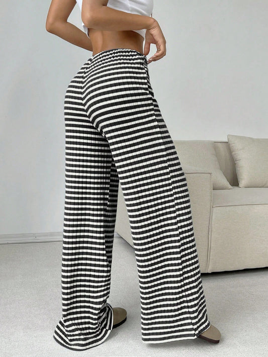 Women Casual Loose Stripe Solid Color Drawstring Pants