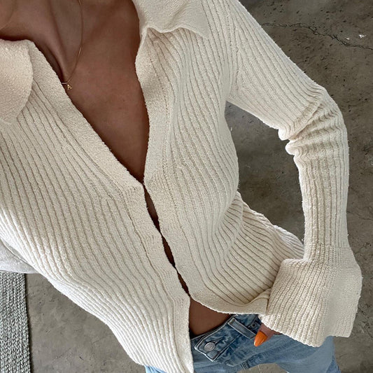 Women Casual Solid Color Lapel Long Sleeve Knitted Sweater