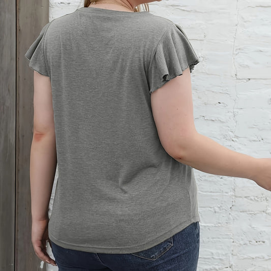 Camiseta informal de manga corta con cuello en V y color liso de talla grande para mujer