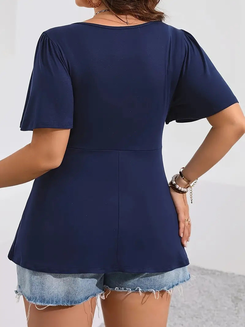 Camiseta informal de manga corta con cuello cuadrado y encaje floral para mujer, talla grande