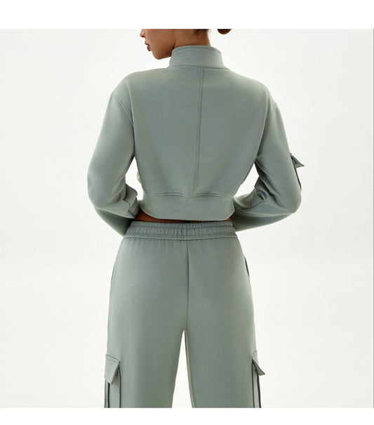 Women Fashion Casual Loose Long-Sleeve Zipper Jacket Pocket Drawstring Pants Sports Two-Piece Set