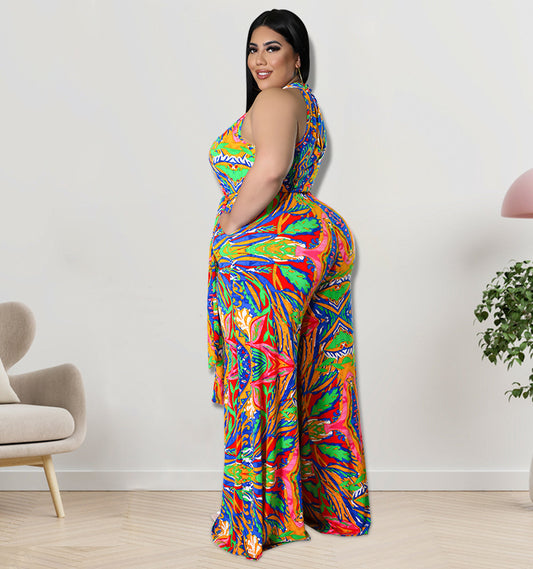 Women Casual Plus Size Floral Printed Sleeveless Loose Lace-Up Jumpsuits