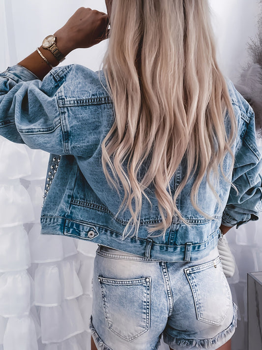 Chaqueta vaquera informal de manga larga con solapa y remaches para mujer
