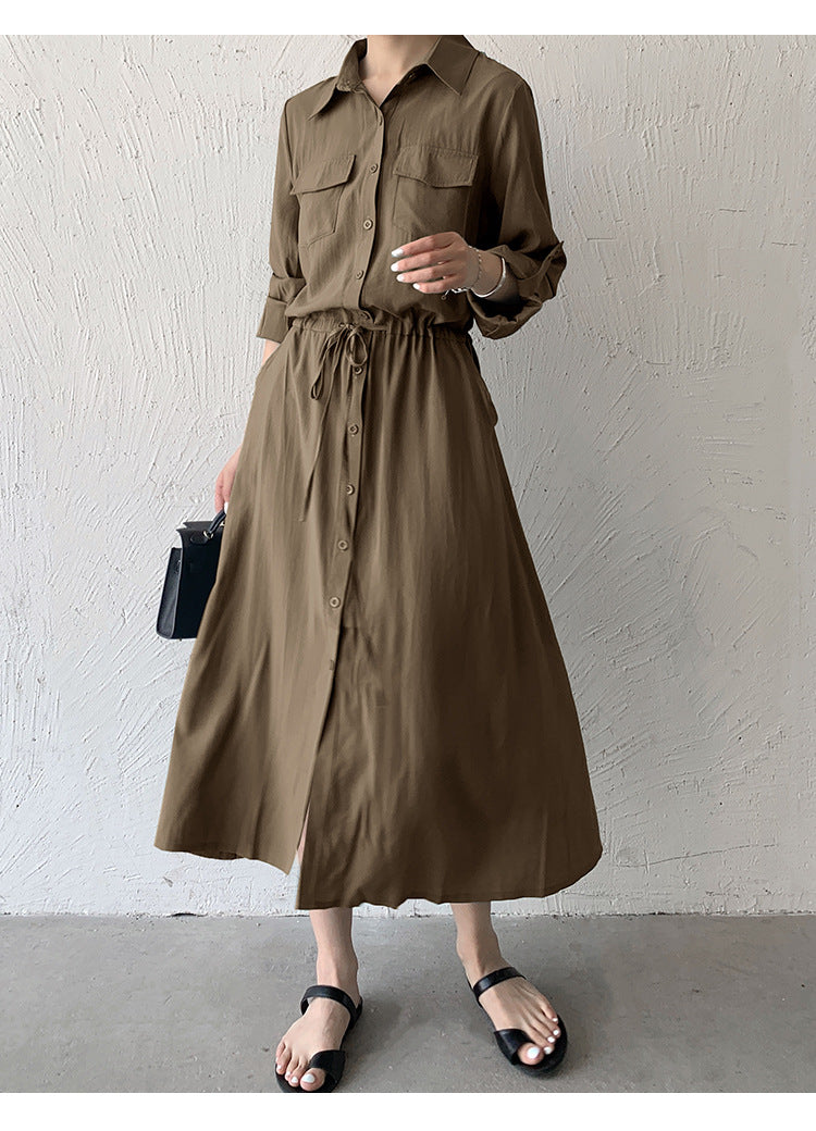 Women Fashion Minimalist Casual Solid Color Lapel Short-Sleeve Drawstring Pocket Single-Breasted Dress