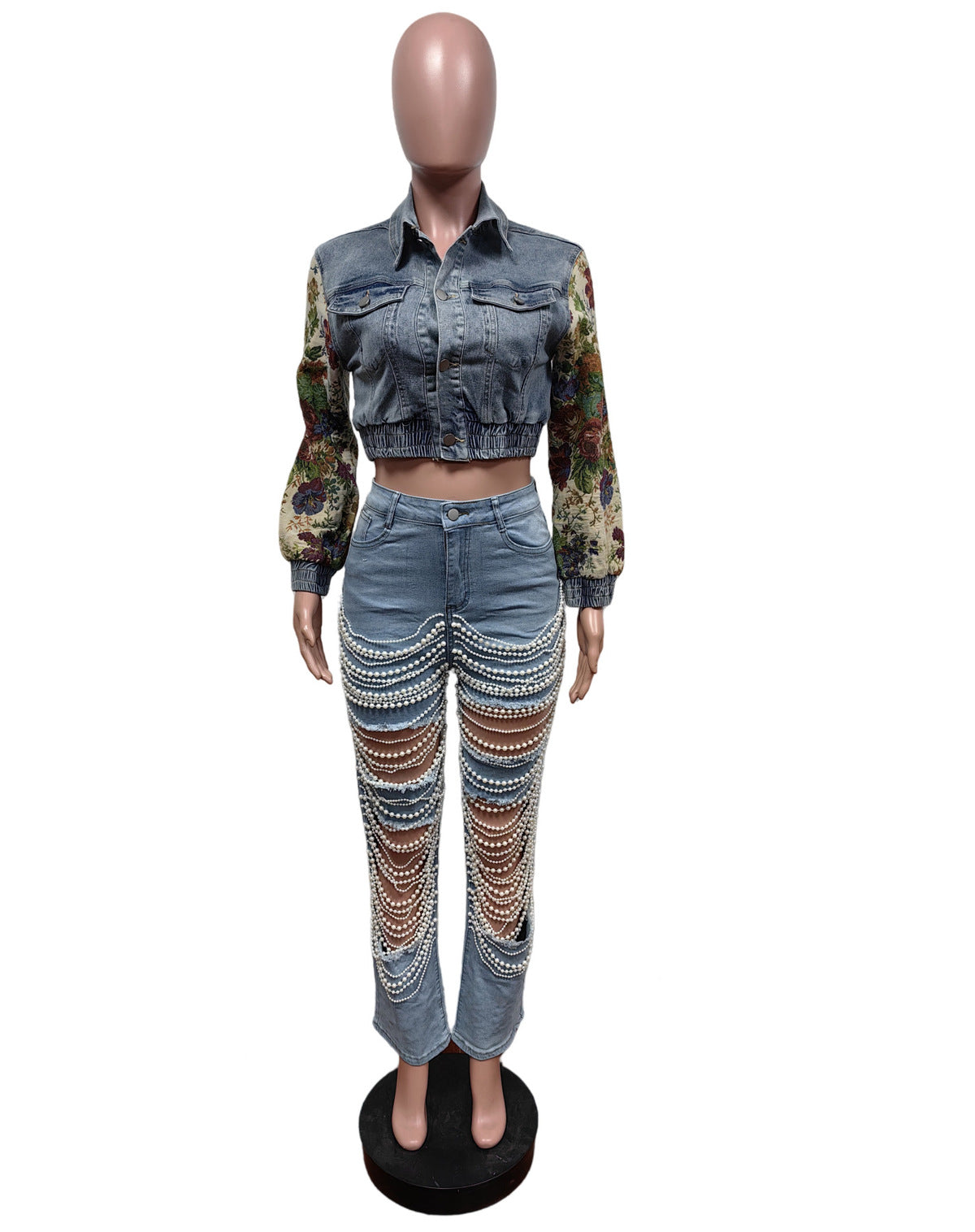 Chaqueta vaquera elástica con solapa estampada informal para mujer