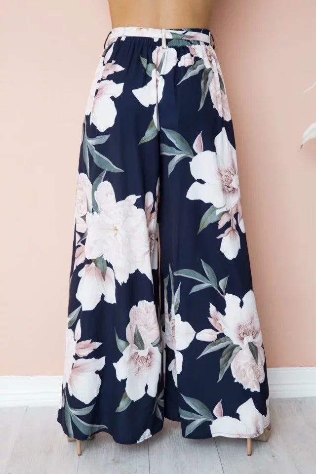 Pantalones anchos informales de cintura alta con estampado floral sencillo para mujer