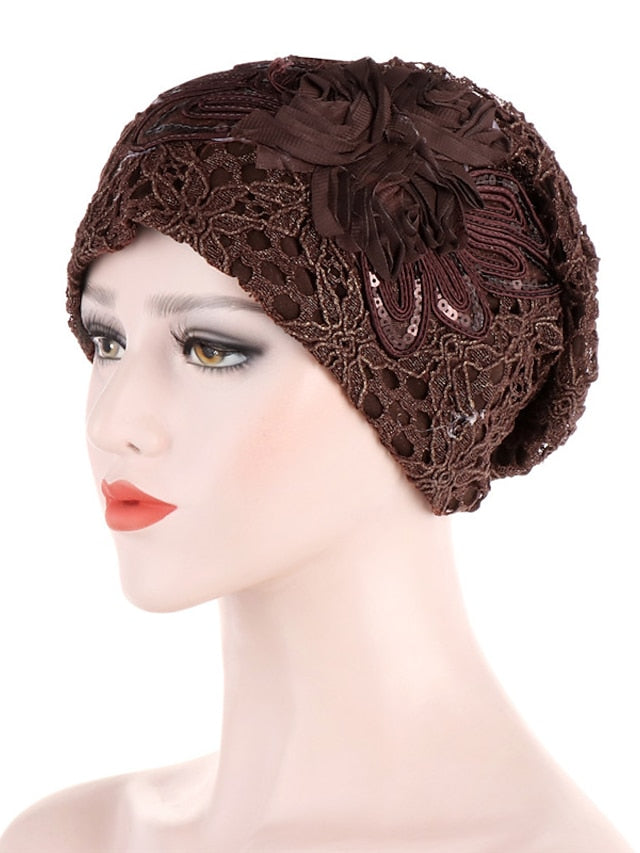 Lady Women Girl Hat Flower Hijab Lace Cotton Beanie Hat Full Headwear Warm Autumn Winter Lace Flower Casual Turban Cap for Women