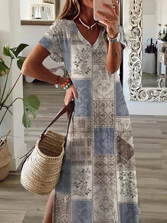 A Line Dress Long Dress Maxi Dress Blue Short Sleeve Print Split Spring Summer V Neck Casual Loose Fit S M L XL XXL 3XL for Women