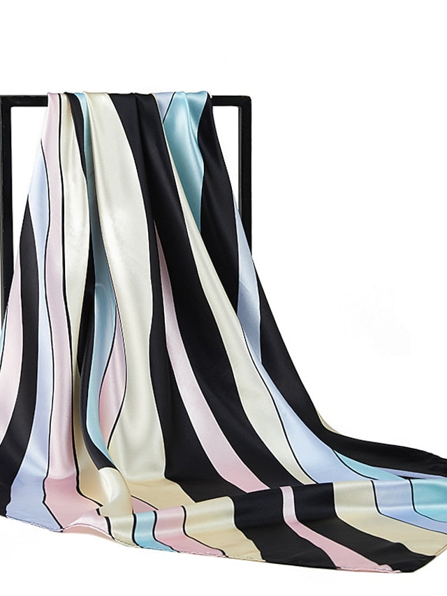 90*90cm Square Silk Scarf Women Shawls Neckerchief Stripe Print Hijab Scarf Lady Neck Scarves Soft Big Bandana for Women