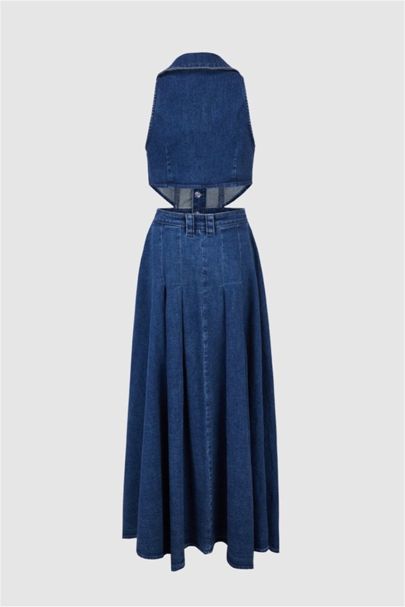 Vestido largo vaquero con cuello de solapa y aberturas Regina