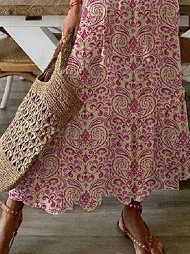 A Line Dress Maxi long Dress Pink Half Sleeve Floral Ethnic Tribe Print Ruched Summer Spring Dress V Neck Stylish Casual Dress S M L XL XXL 3XL for Women