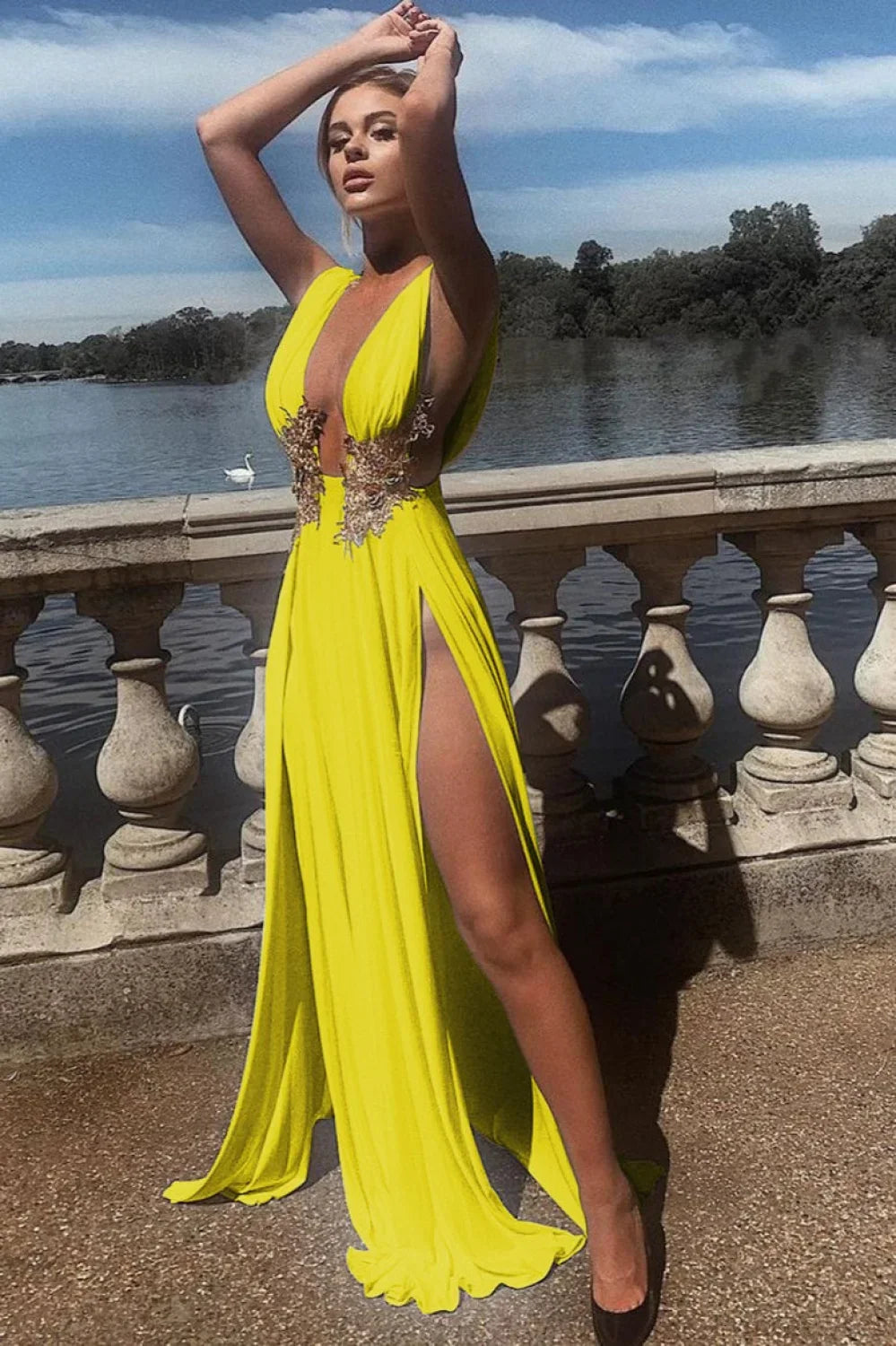 Sexy Deep V High Slit Flared Evening Dress