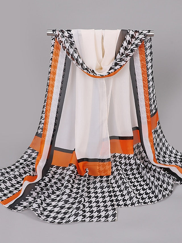 Spring And Summer New Thousand Bird Check Print Chiffon Long Silk Scarf for Women