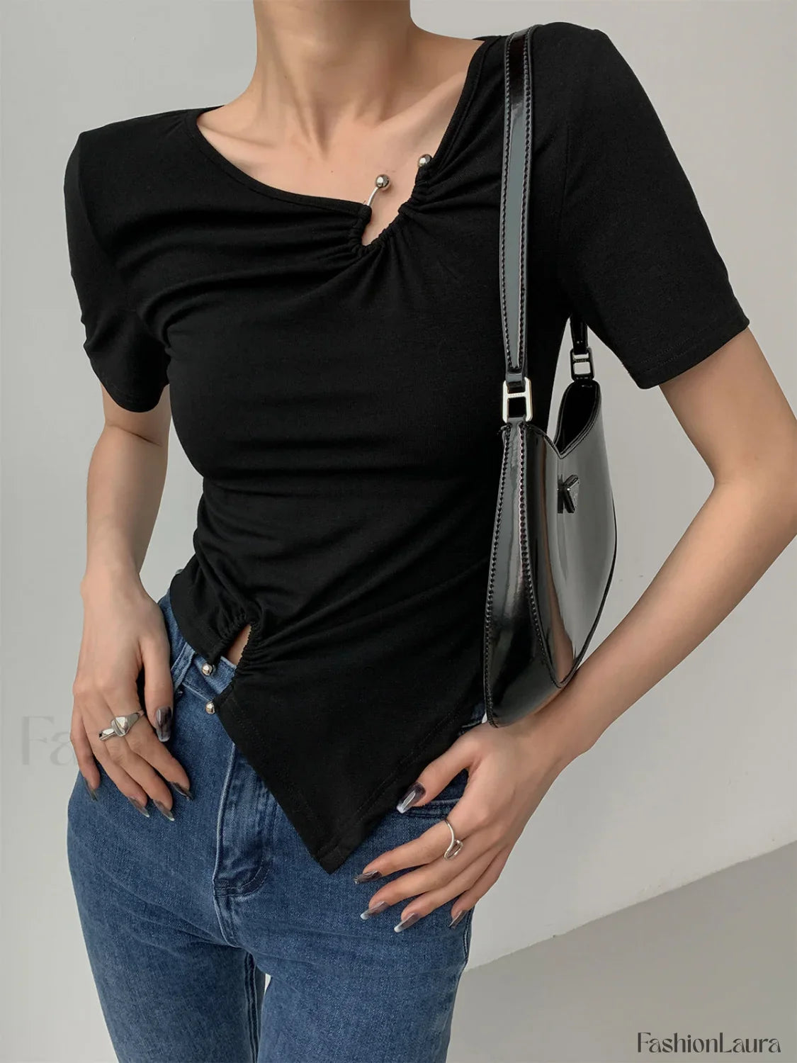 Slinky Metal Ring Trendy Short Sleeve Top