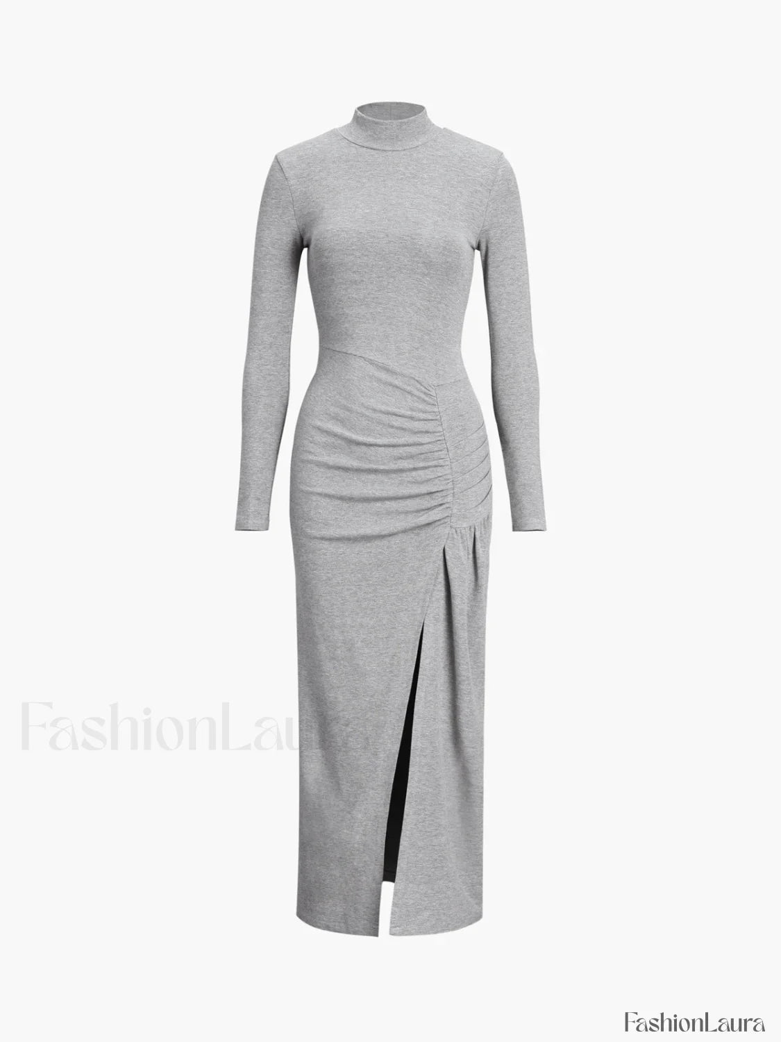 Slit Pleated Long Sleeve Modern Bodycon Mock Neck Long Dress