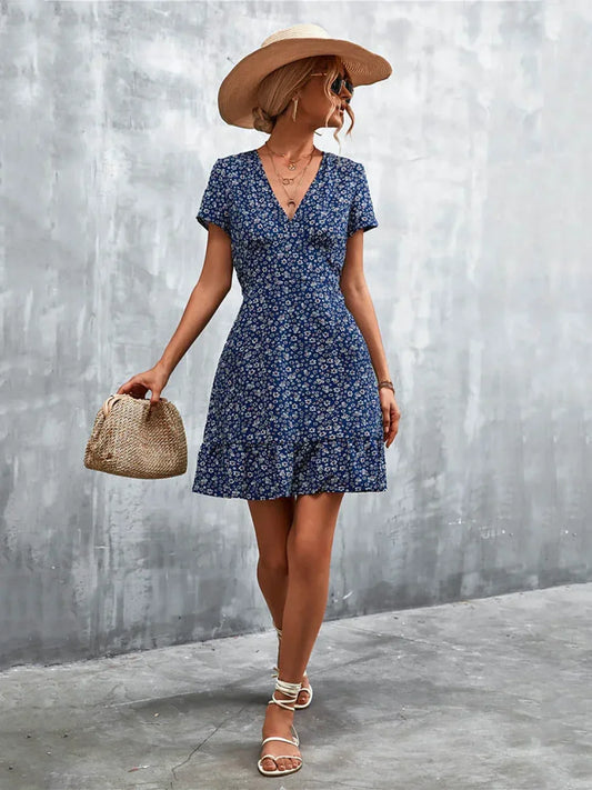 Summer Short Boho V Neck Floral Party Bohemian Flower Mini A-Line Dress