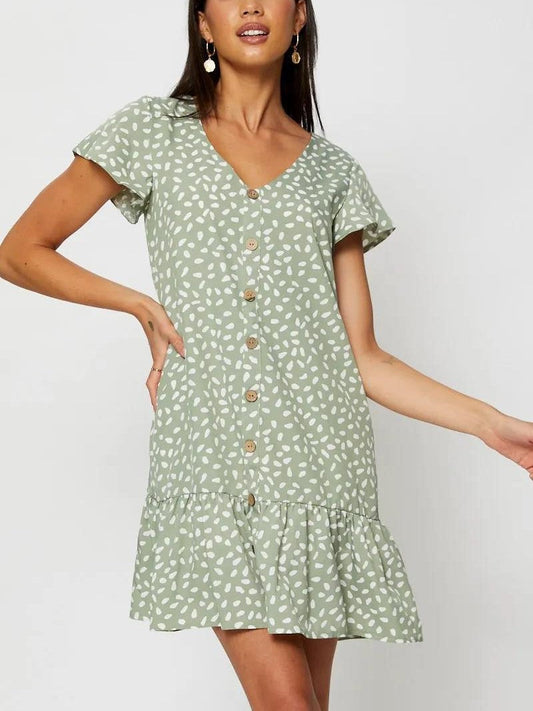 V-neck Single Breasted Printed Dress