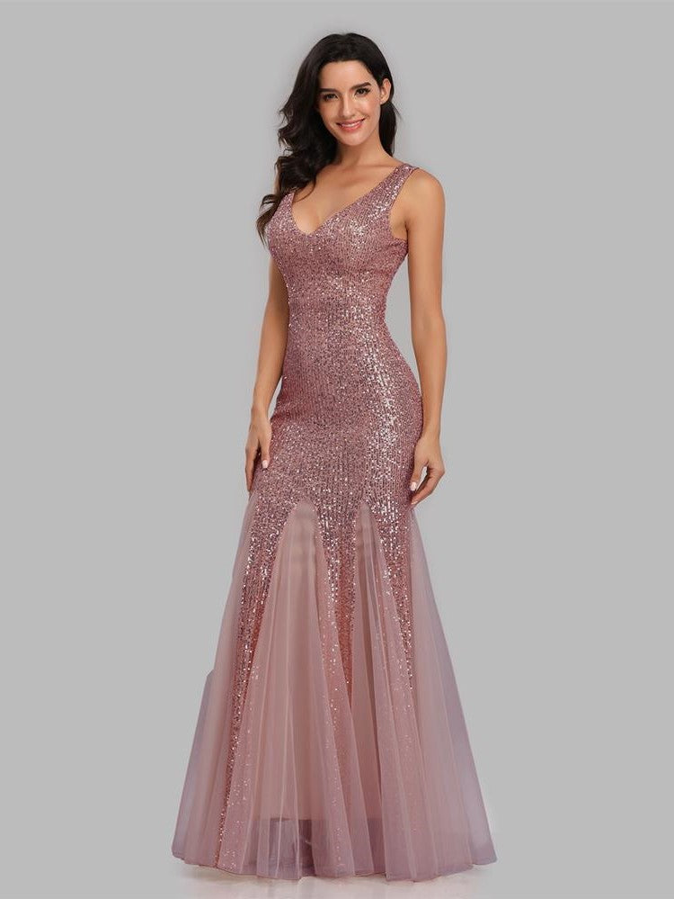 Sequin Panel Mesh Mermaid Evening Dress Double V Neck Sleeveless Shiny Bridesmaid Dress