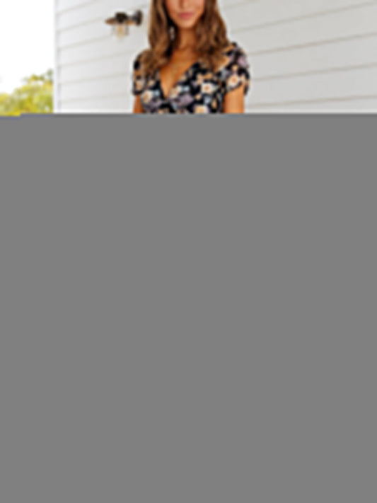 V-neck Bandage Holiday Casual Print Dress