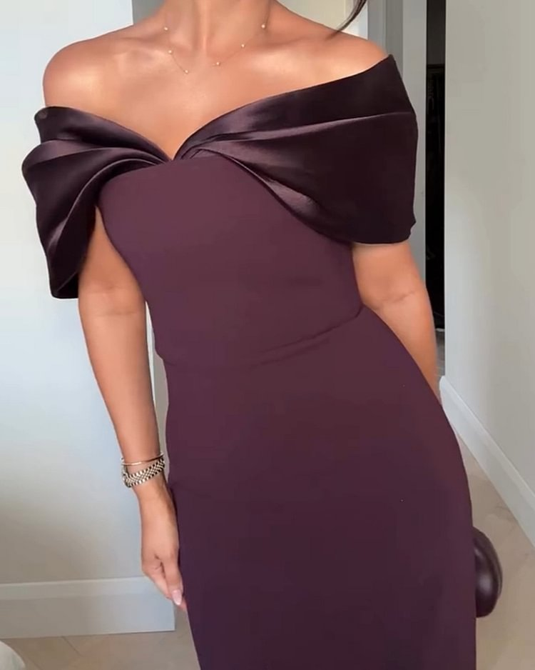 Solid Color Satin Stitching Evening Gown Dress