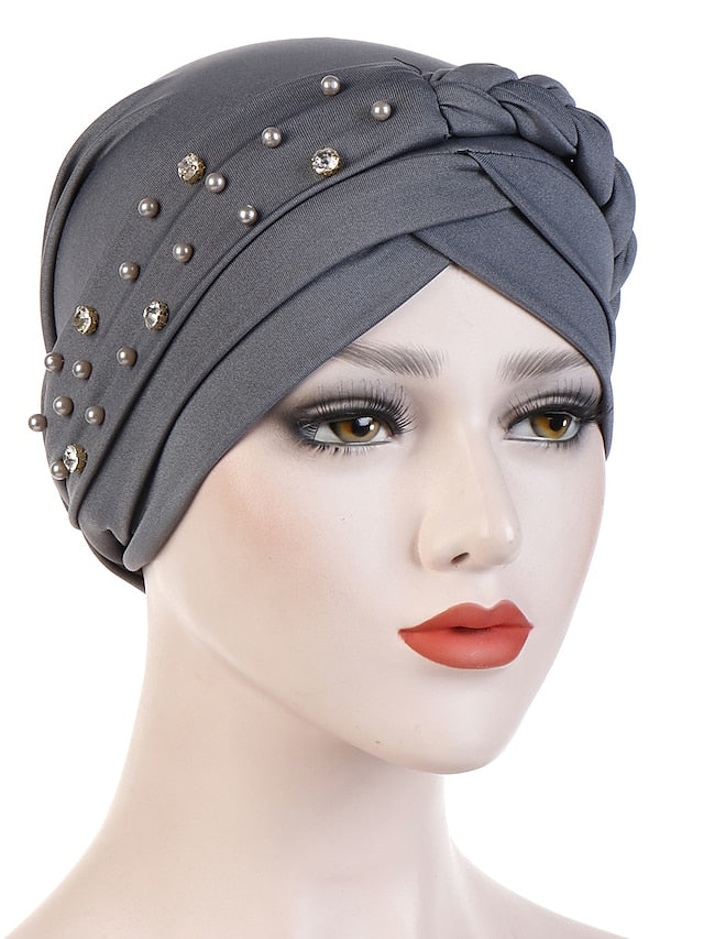India Muslim Women Hijab Hat with Beads Turban Headscarf Islamic Head Wrap Lady Beanie Bonnet Hair Loss Cover for Women