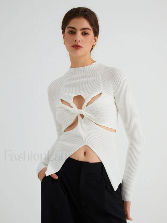 Twist Cutout Rib Trendy Long Sleeve Top