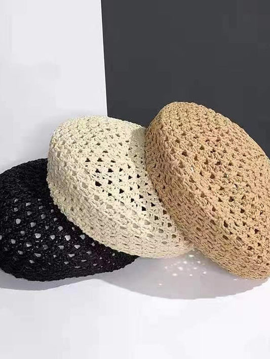 Spring Summer Breathable Straw Hat Female Unique Beret Black Khaki Beige British Beret Hat Hollow Artistic Painter Hat for Women