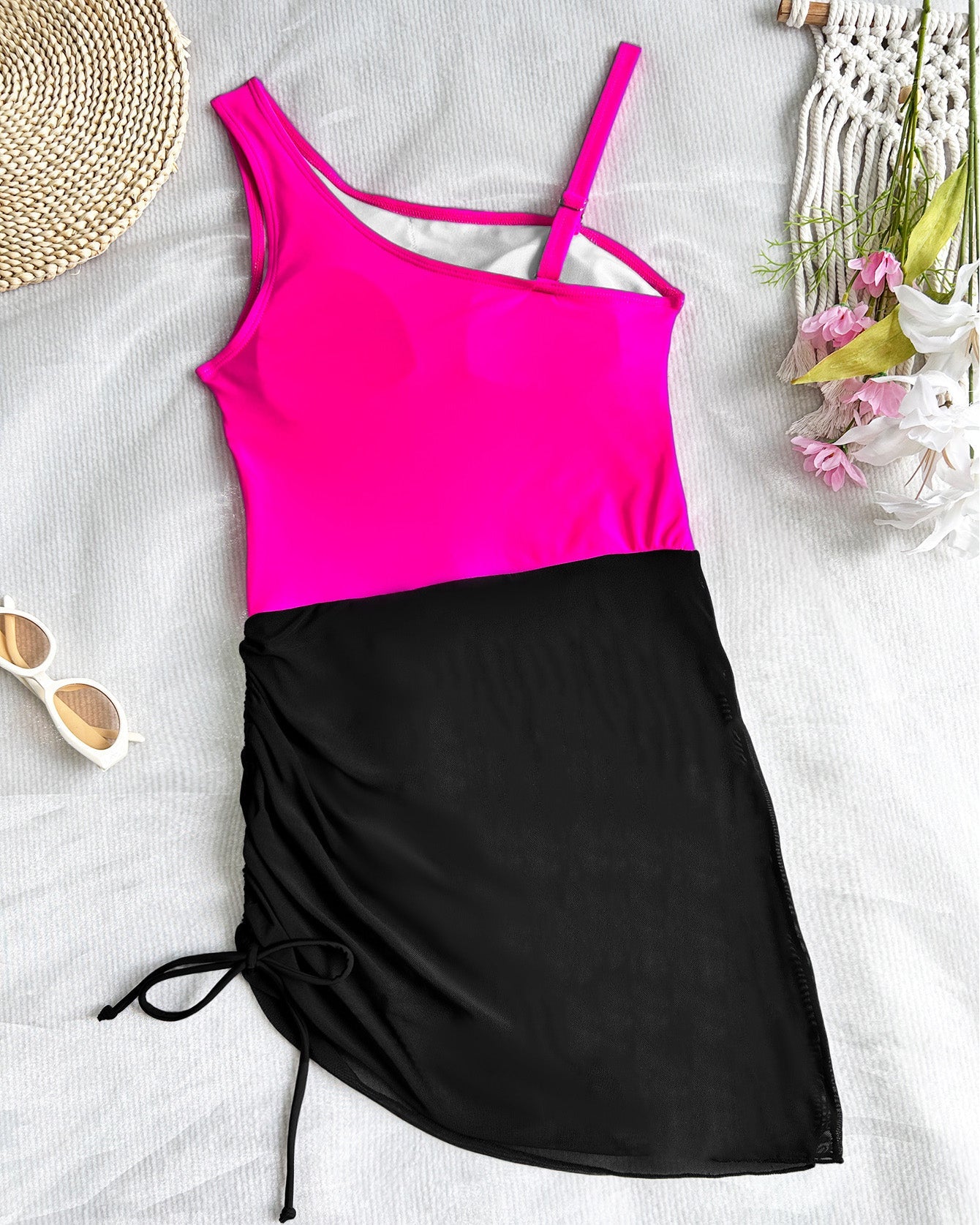 Mesh Splicing Drawstring One-Piece Bikini Swimsuit