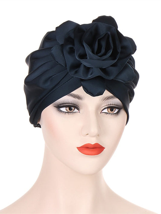 Big Flower Muslim Women Turban Satin Head Wrap Hijab Sleep Night Hat Hair Care Cap Indian Elastic Beanie Ladies Hair Loss Headwear for Women