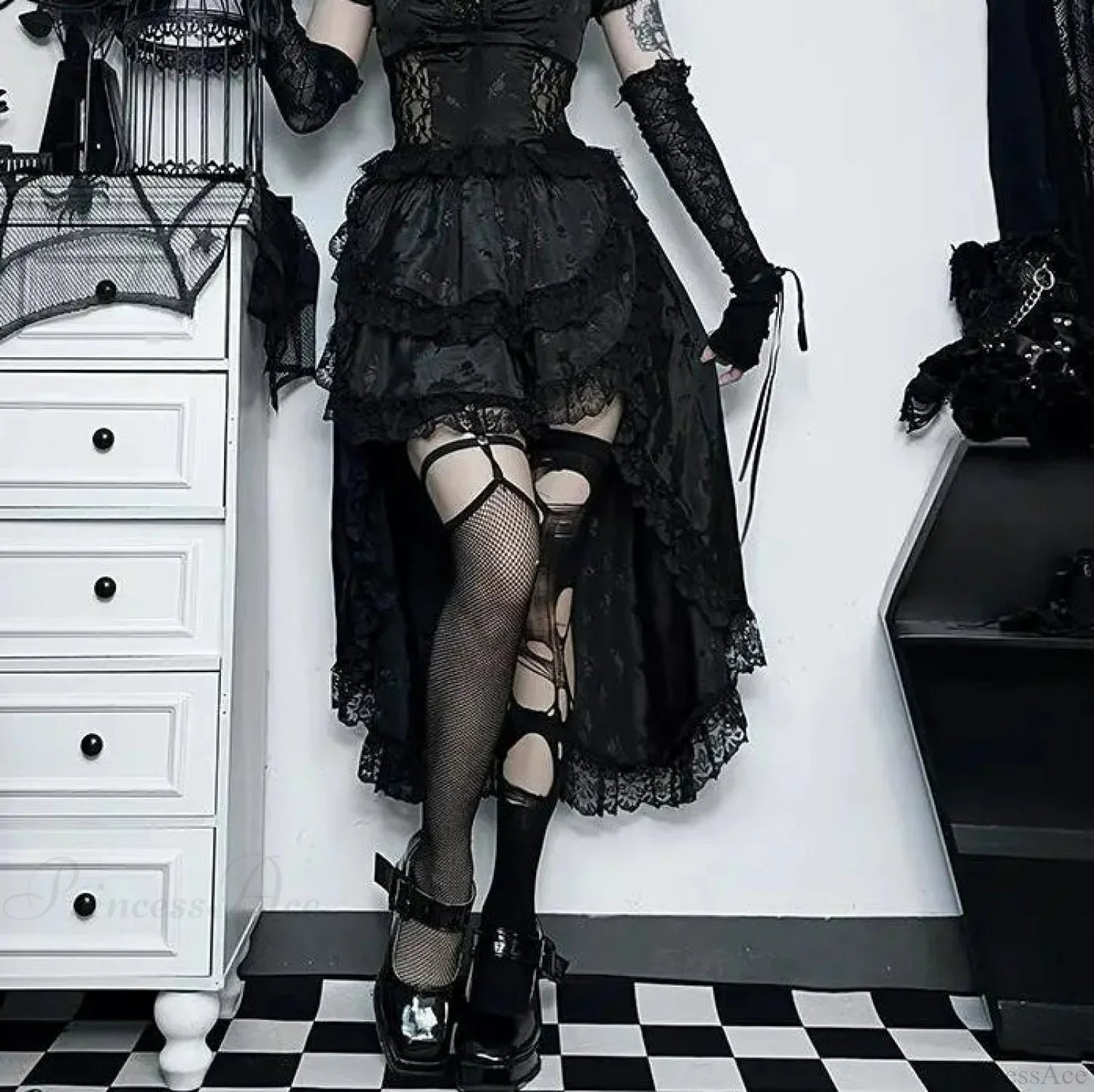 Uneven Folded Lace Black Midi Dress