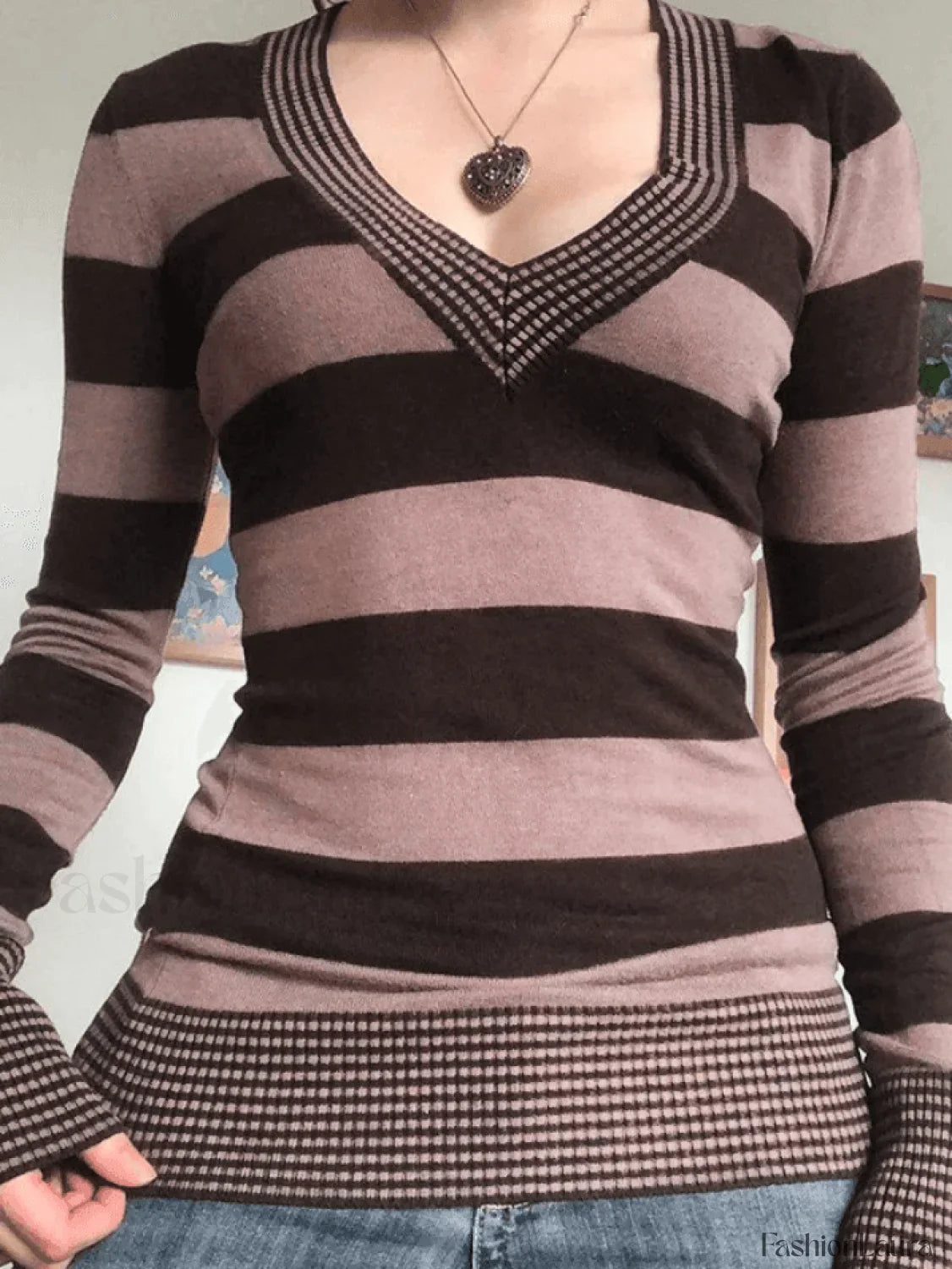 V Neck Striped Knit Top