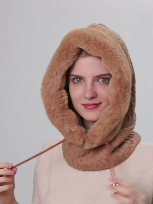 High Quality Winter Fur Cap Mask Set Hooded for Women Knitted Cashmere Neck Warm Outdoor Ski Windproof Hat Thick Plush Fluffy Beanies for Women