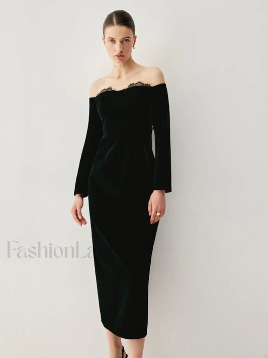 Velvet Off-shoulder Patchwork Trendy Slit Midi Dress