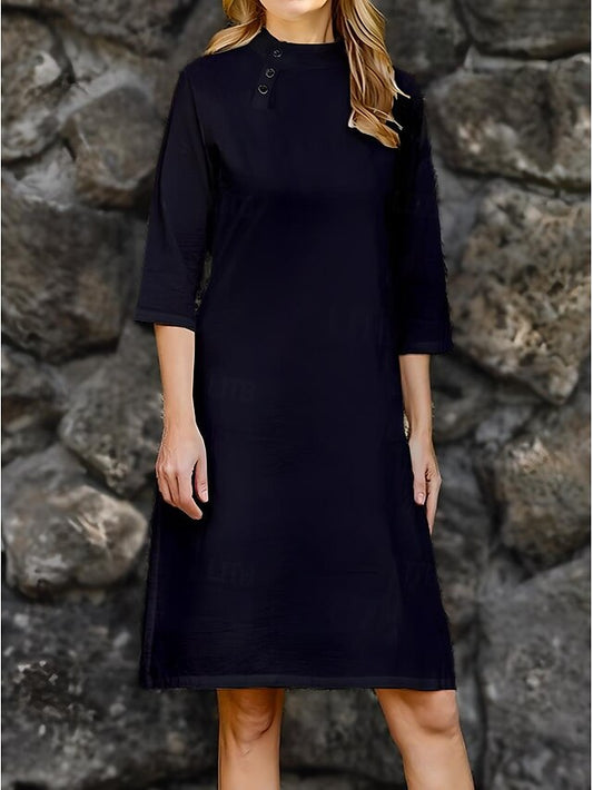 55% Linen Women's Cotton Linen Dress White Midi Dress Summer Spring Linen Casual Vintage Holiday Crew Neck Button Basic High-end Series Regular Fit