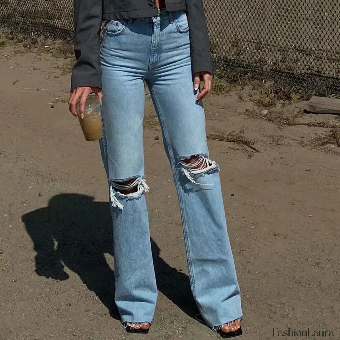 Vintage High Waist Cut Out Frayed Straight Leg Jeans - Light Blue