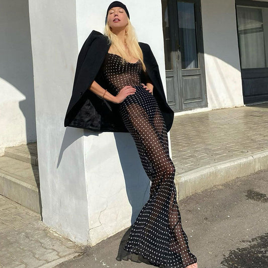 Vintage Polka Dot Cowl Neck Floss Strap Sheer Maxi Dress - Black