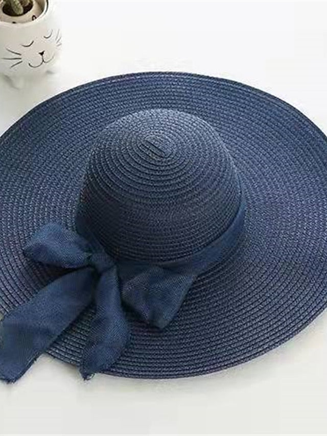 Ladies Summer Ribbon Hats Elegant Straw Hats For Women Beach Seaside Vacation Foldable Sun Hat Sun Floppy Visor for Women