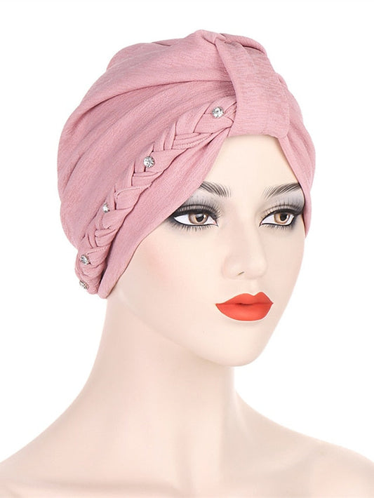 1PCS Trendy Two Dress Braid Turban Cap for Women with Crystal Muslim Head Wrap Islam Hijab Bonnet Hair Care Hat for Women