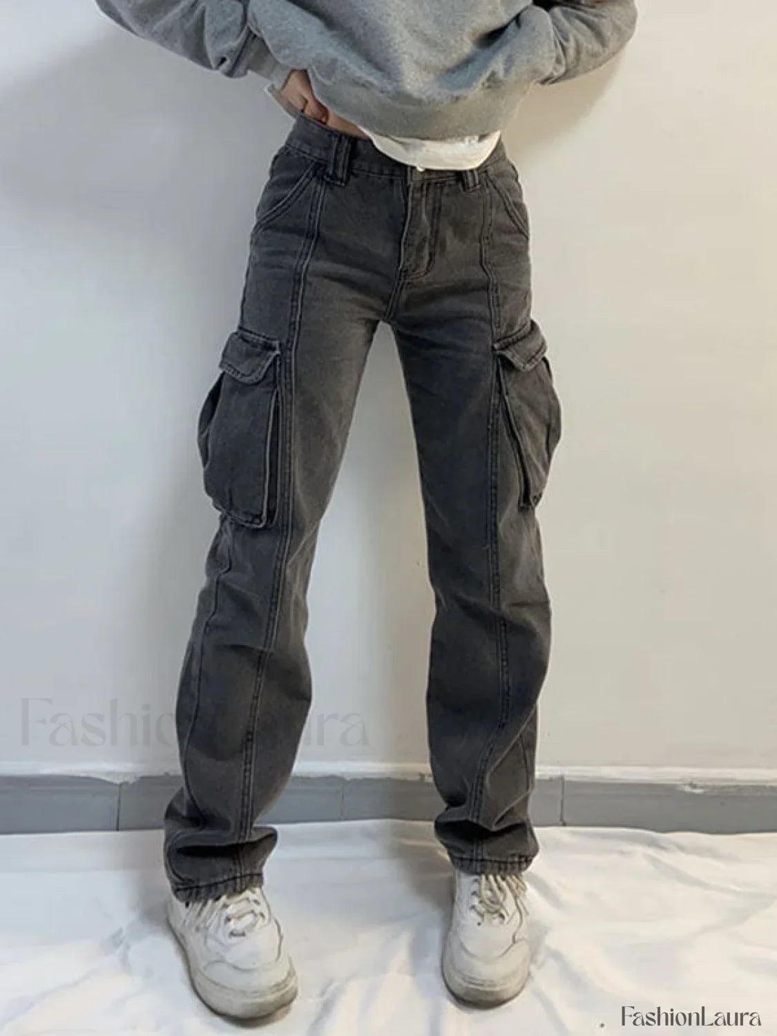 Washed Mid Waist Pocket Cargo Jeans
