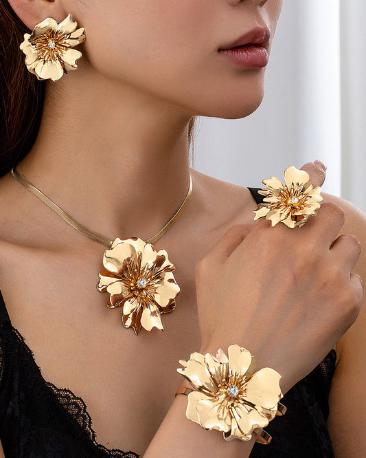 Flower Inlaid Necklace and Bracelet 5-Piece Jewelry Set