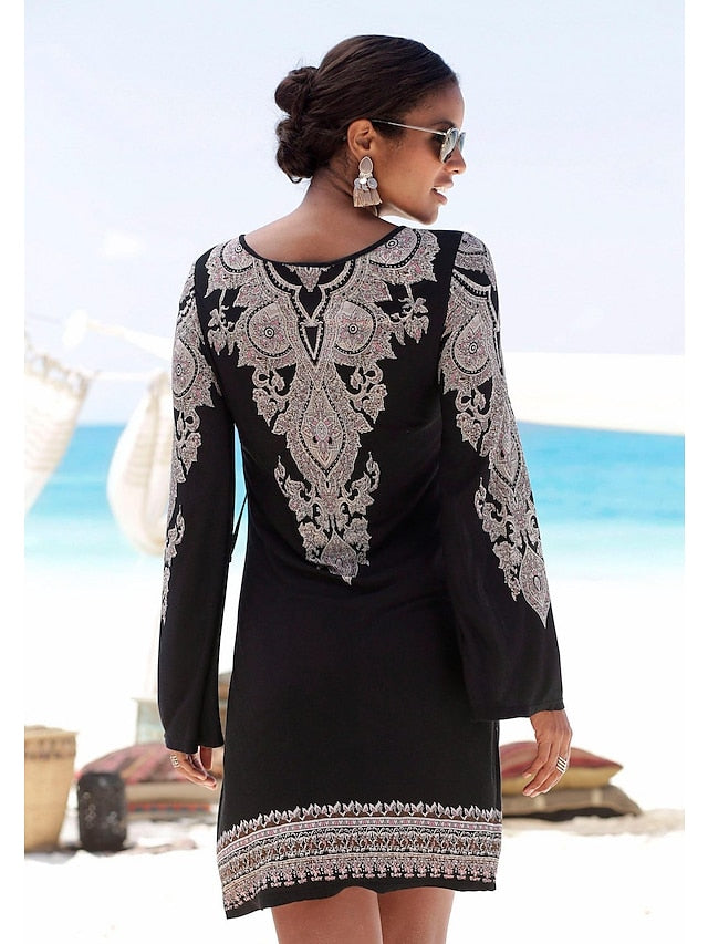A Line Dress Knee Length Dress Black Long Sleeve Print Lace up Summer Spring V Neck Elegant Winter Dress Fall Dress Slim M L XL XXL for Women