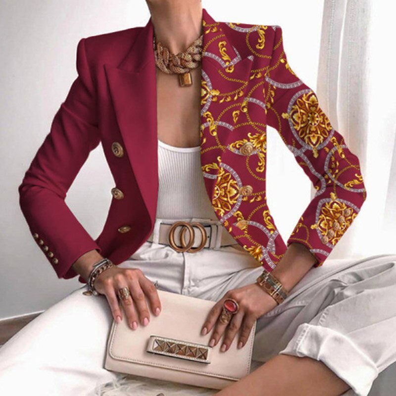Blazer asimétrico para mujer con estampado de cadenas y dorado ornamentado | Ideal para cualquier temporada